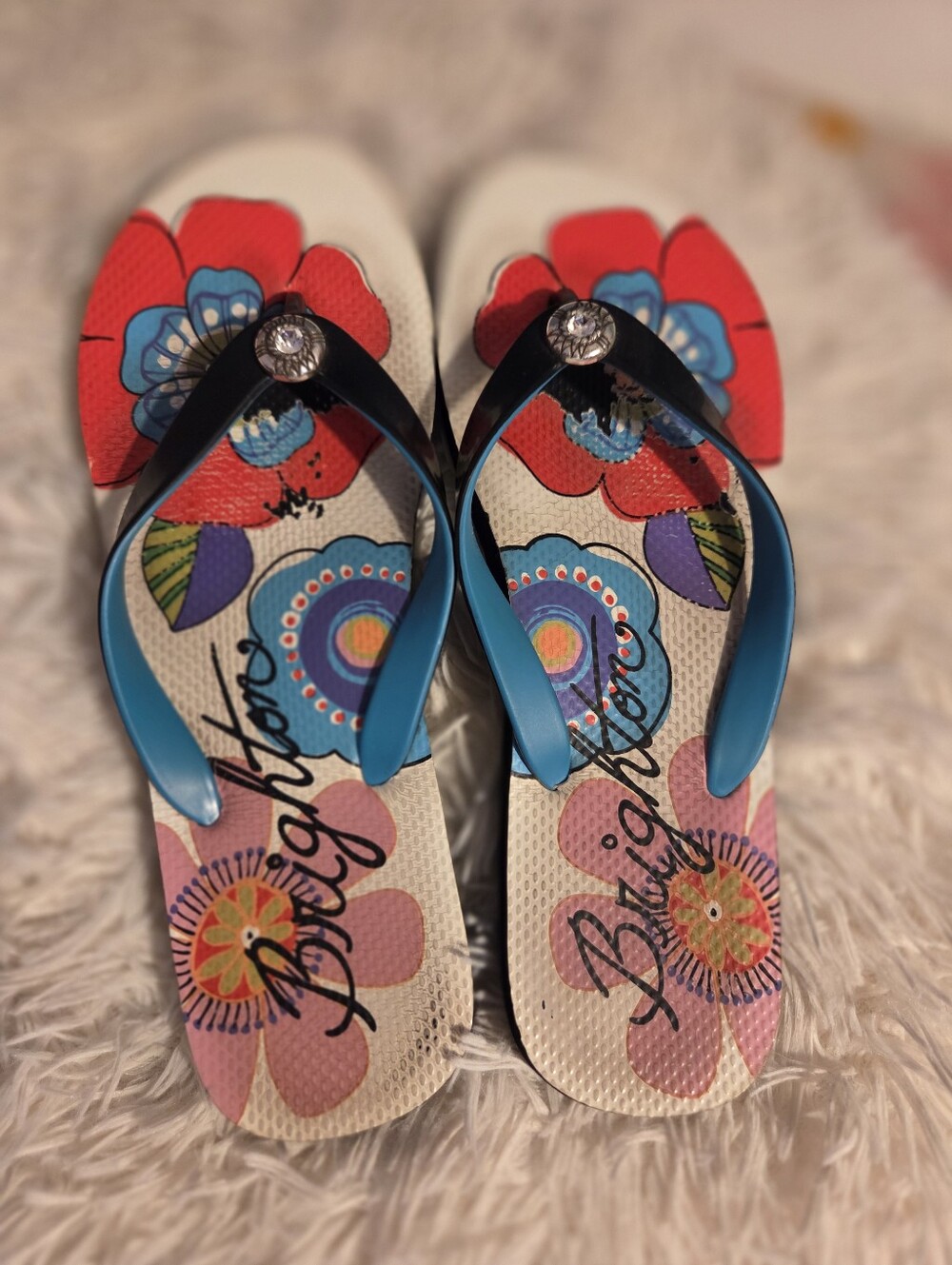 Brighton Blue-Strap Floral Print Women’s Flip Flop Sandals With Embelisgment